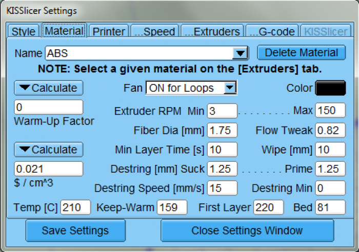 KISSlicer settings (2): Material